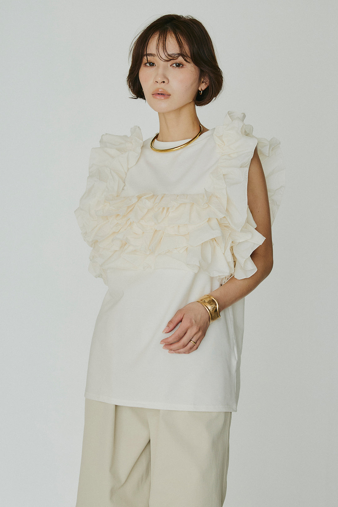 [SET]天竺ナイロンドッキングビスチェ風トップス+オーガンジータックパンツ(2set)