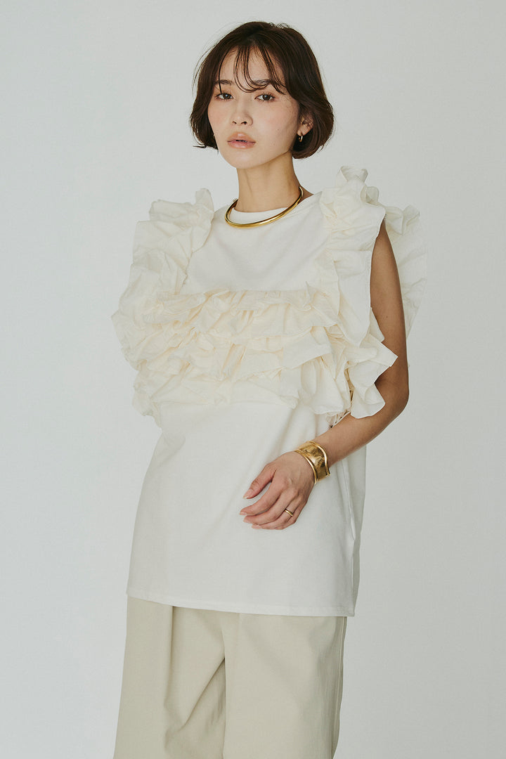 [SET]天竺ナイロンドッキングビスチェ風トップス+オーガンジータックパンツ(2set)