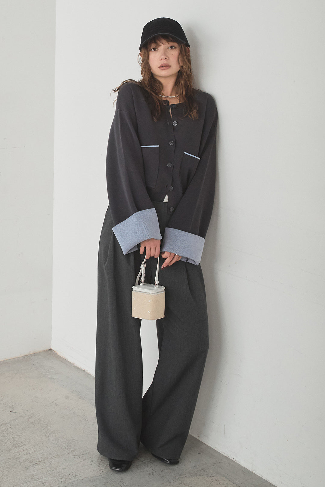 [SET]レーヨンポリダブルフェイスカーディガン+サイドベルトタック入りスラックス(2set)