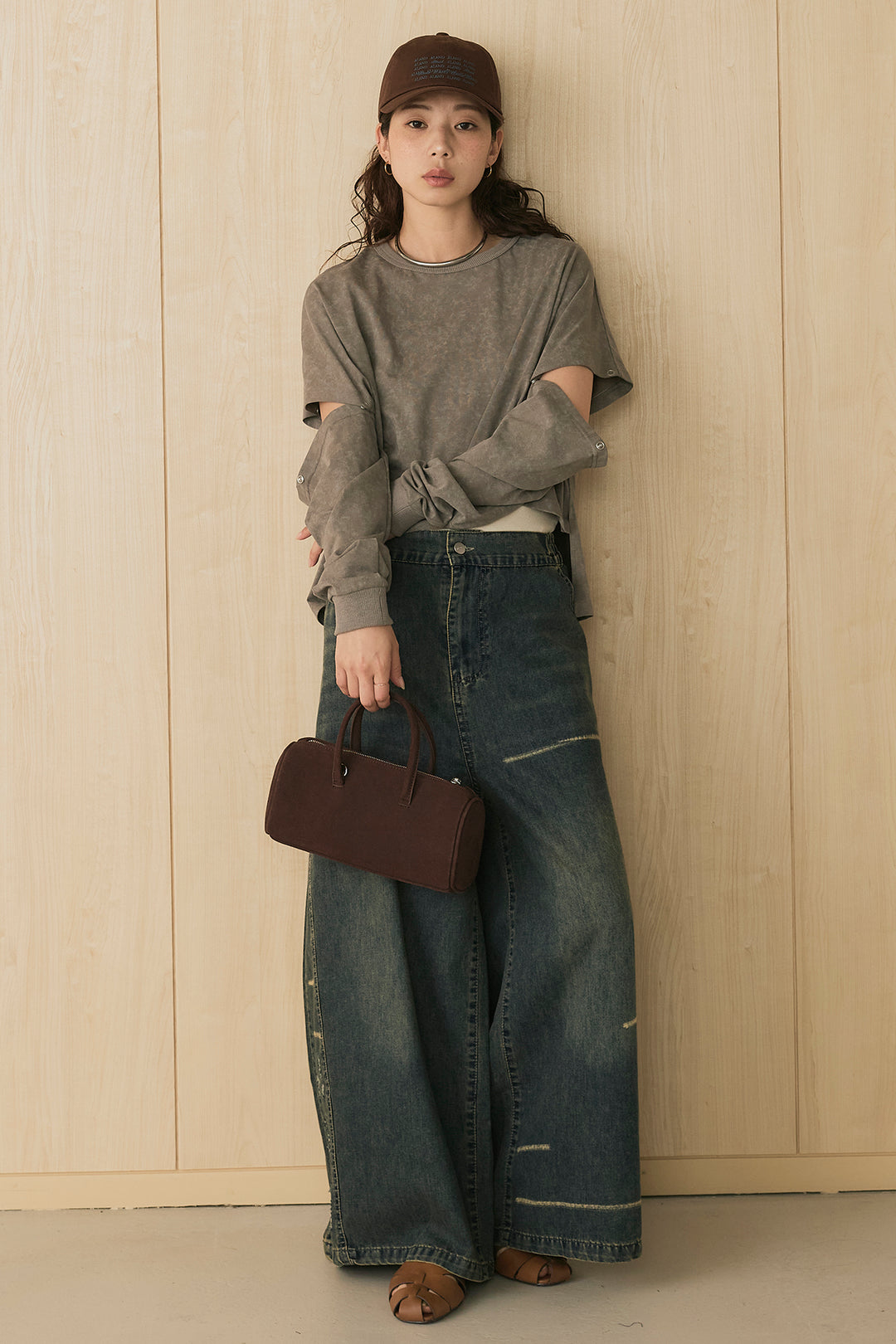 [SET]セパレートフェードTシャツ+ランダムダメージデニムワイドパンツ(2set)