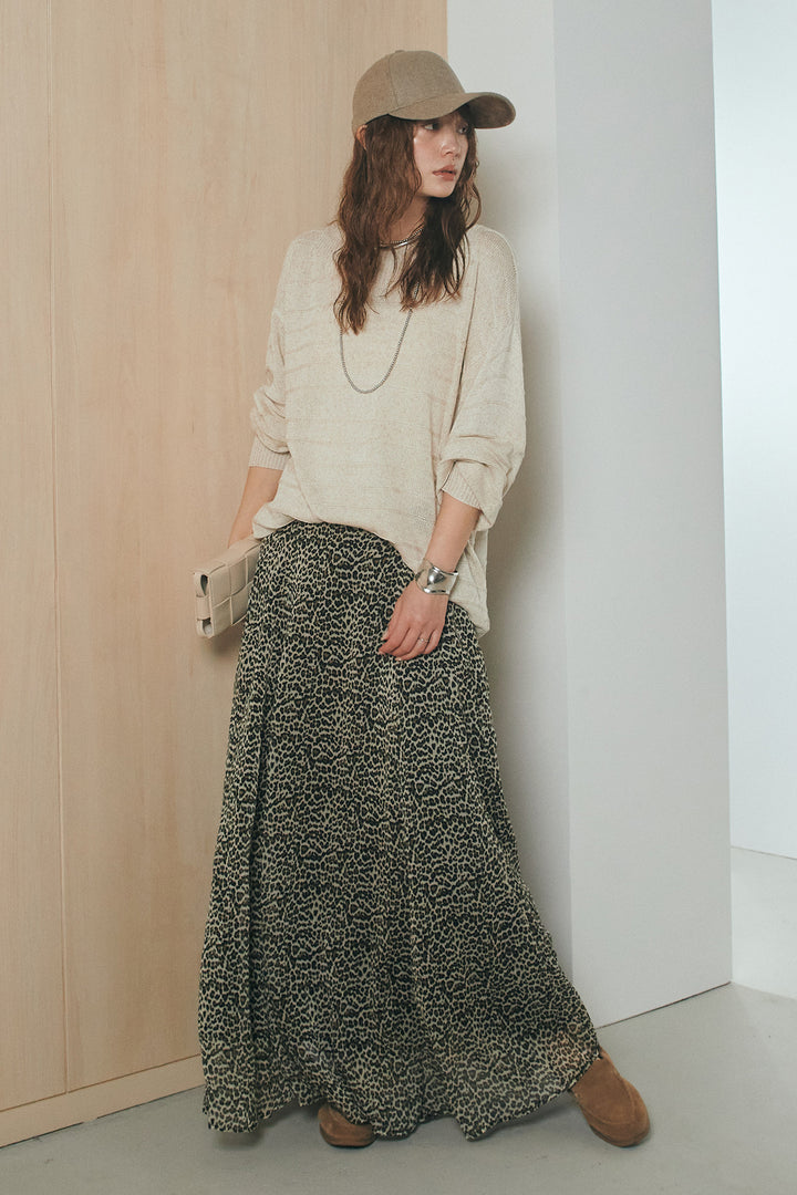 [SET]麻混リラックスニットトップス+リラックスレオパードロングスカート(2set)