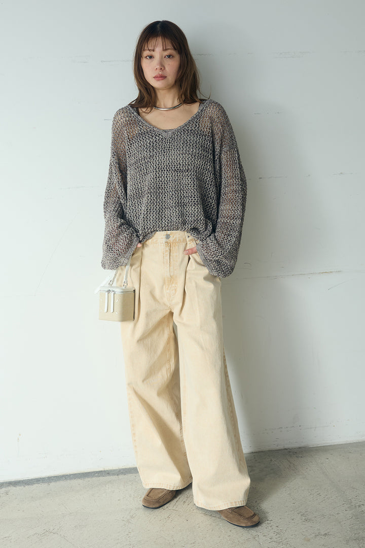 [SET]メッシュ編みビスチェセットVネックプルオーバー+カラーデニムタックカーブパンツ(2set)