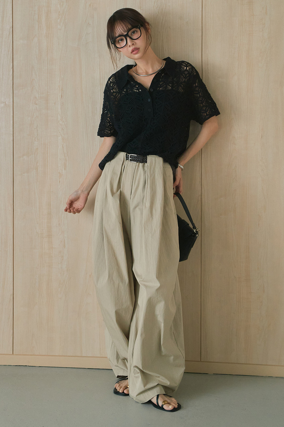 [SET]クロシェ編みニットポロ+ニーサイドタックボリュームカーブパンツ(2set)
