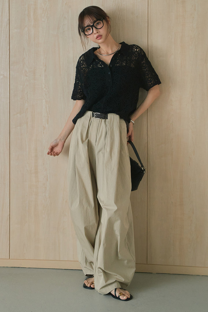 [SET]クロシェ編みニットポロ+ニーサイドタックボリュームカーブパンツ(2set)