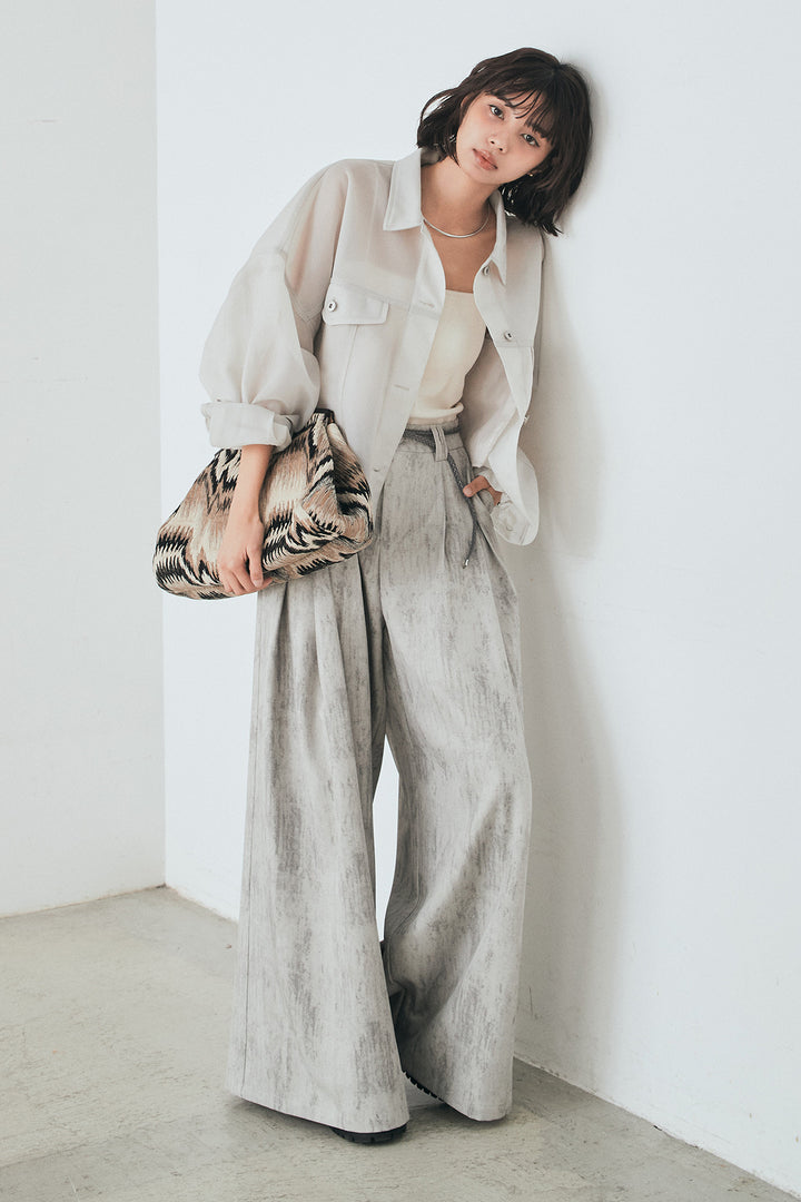 [SET]シアーダンボールサイドドロストジャケット+紐ベルト付きかすれ柄ワイドスラックス(2set)