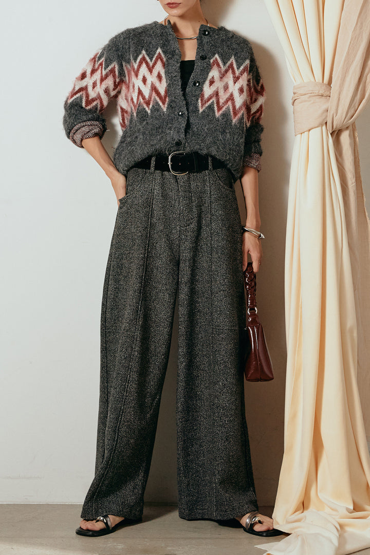 [SET]起毛ノルディック柄ニットカーディガン+太ベルト付きツイードワイドパンツ(2set)