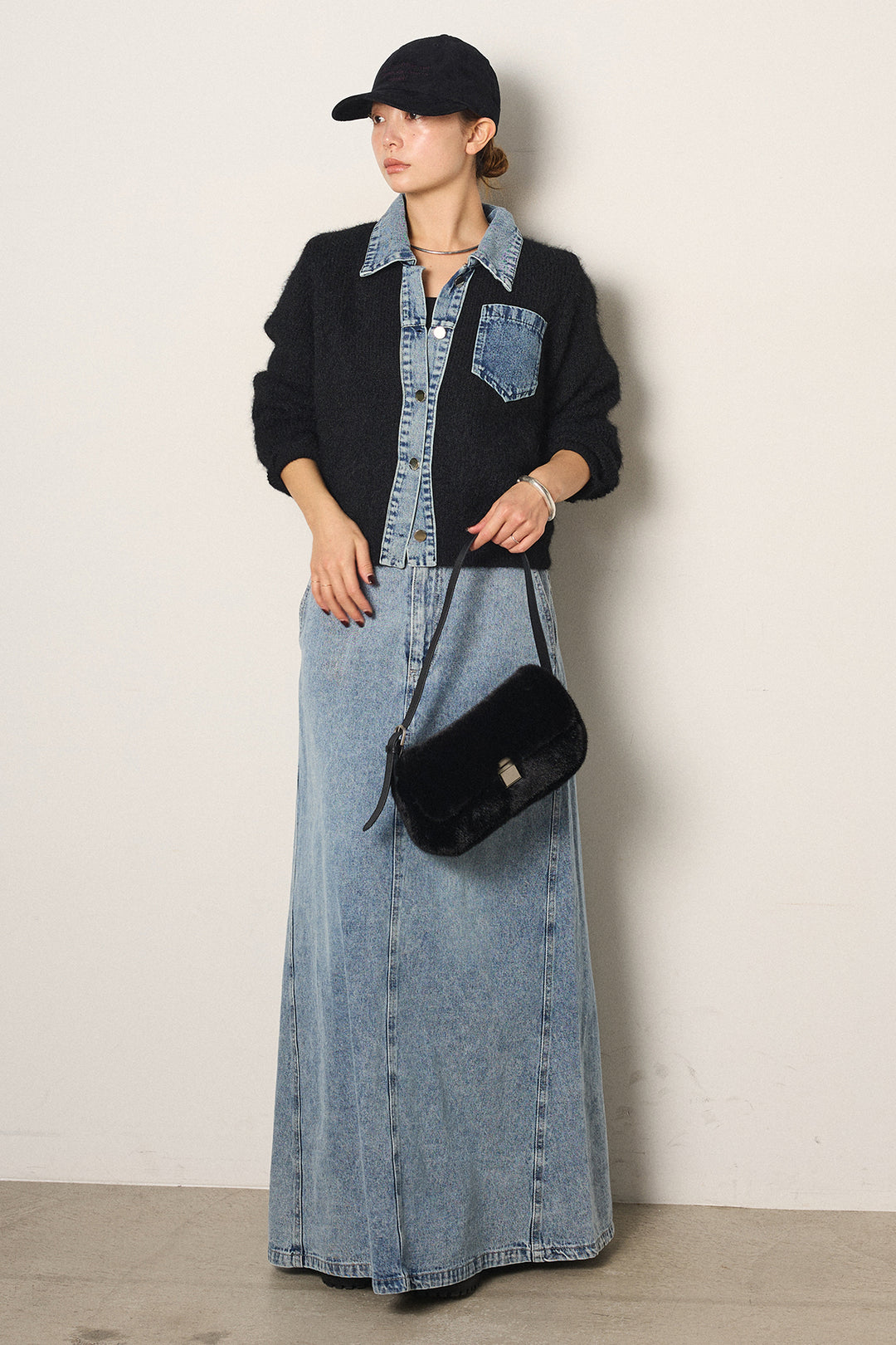 [SET]襟付きデニム切替ニットカーディガン+デニムロングフレアスカート(2set)