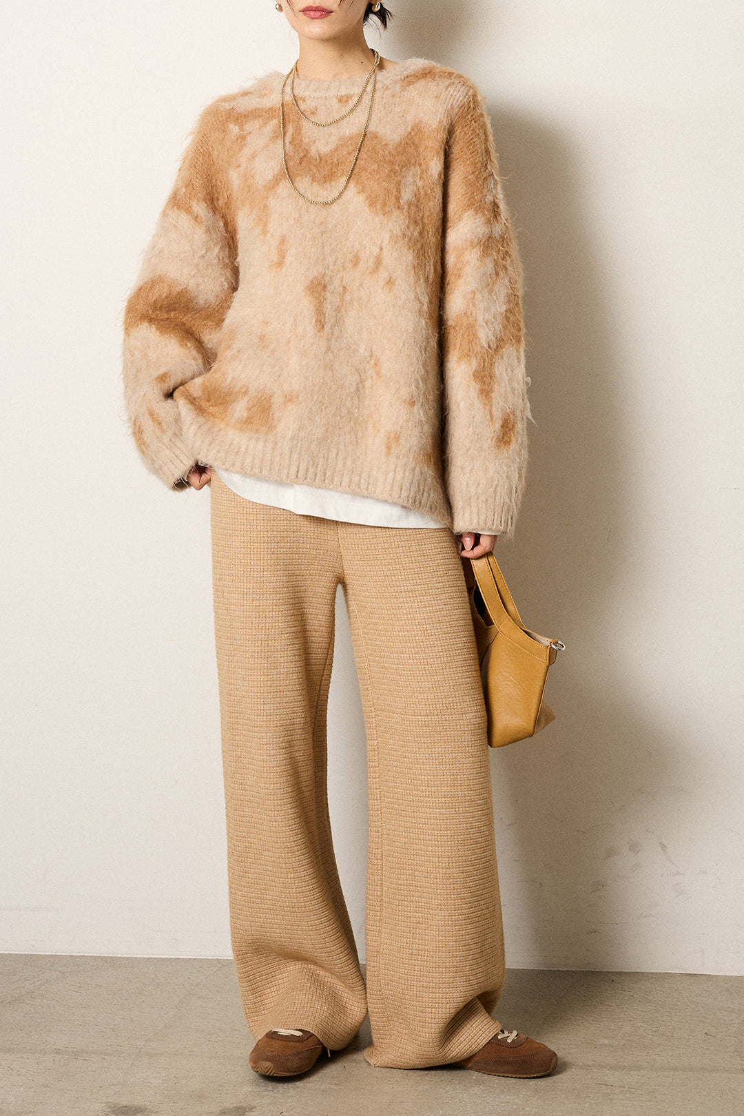 [SET]モヘアタッチマーブルニット+箔プリントBIGシルエットロングスリーブTシャツ+ワイドリブニットイージーパンツ(3set)