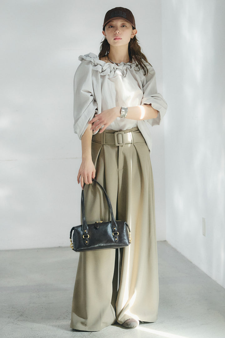 [SET]ネックフリルデザインブラウス+ベルト付きツータックワイドパンツ(2set)