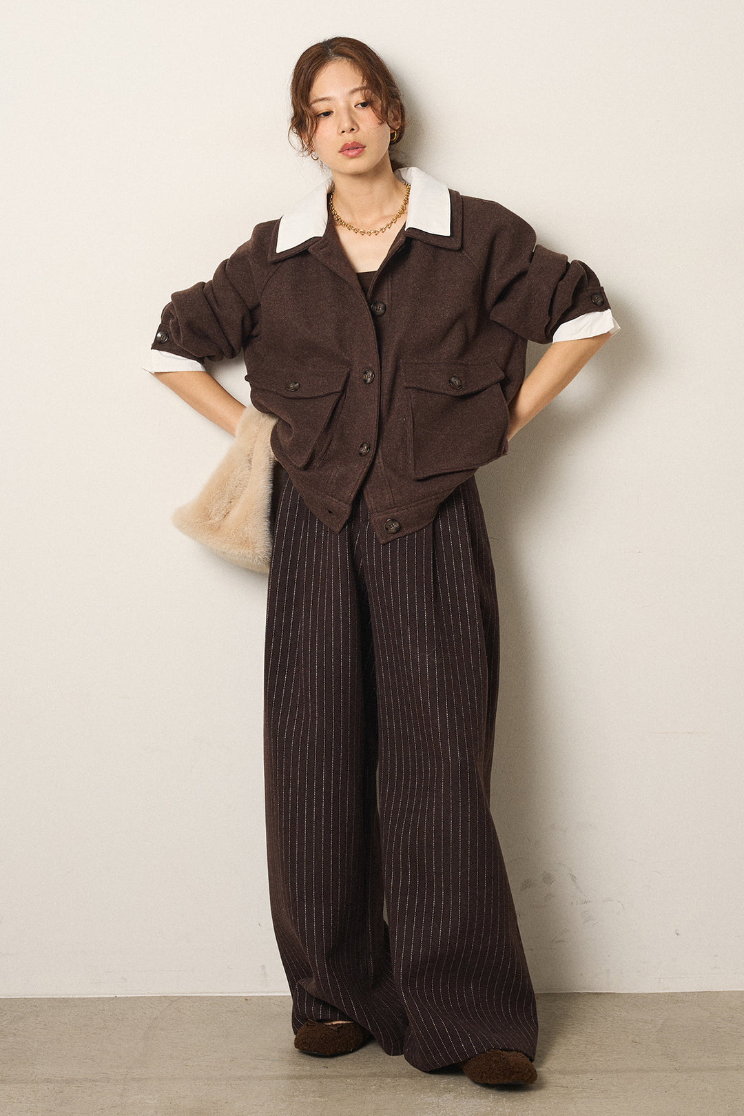 [SET]衿レイヤードフェイクウールジャケット+ウールライクストライプパンツ(2set)