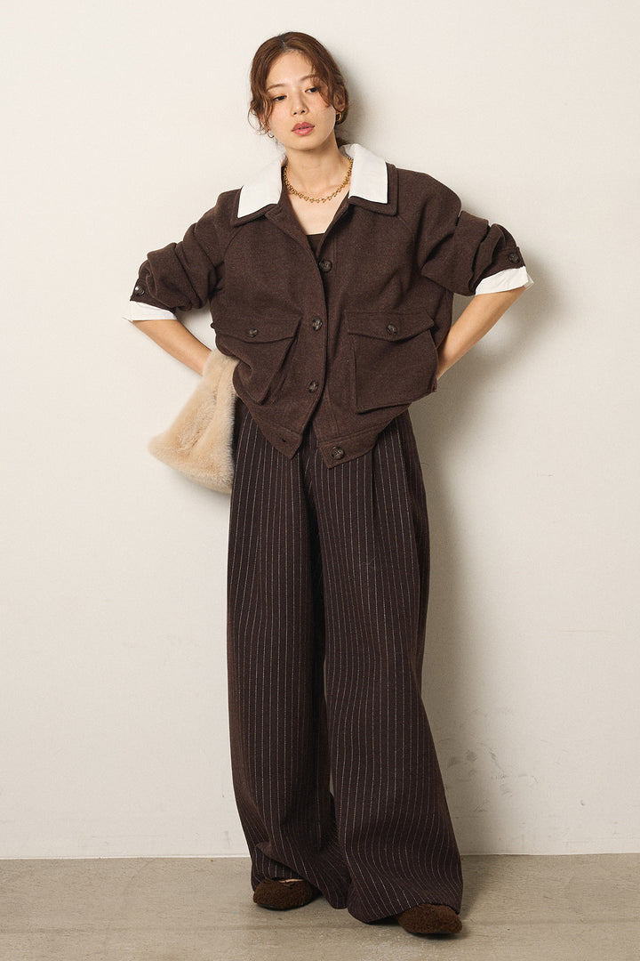 [SET]衿レイヤードフェイクウールジャケット+ウールライクストライプパンツ(2set)
