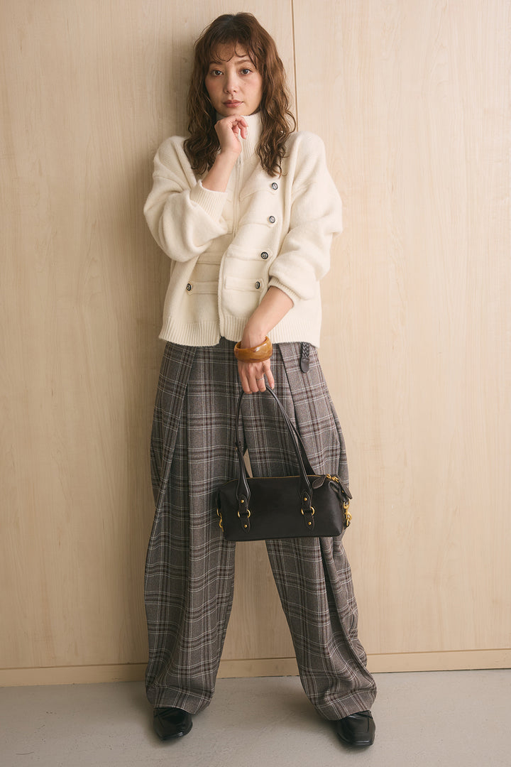 [SET]ナポレオンボタンハイネックニットブルゾン+ブリティッシュチェックバレルパンツ(2set)