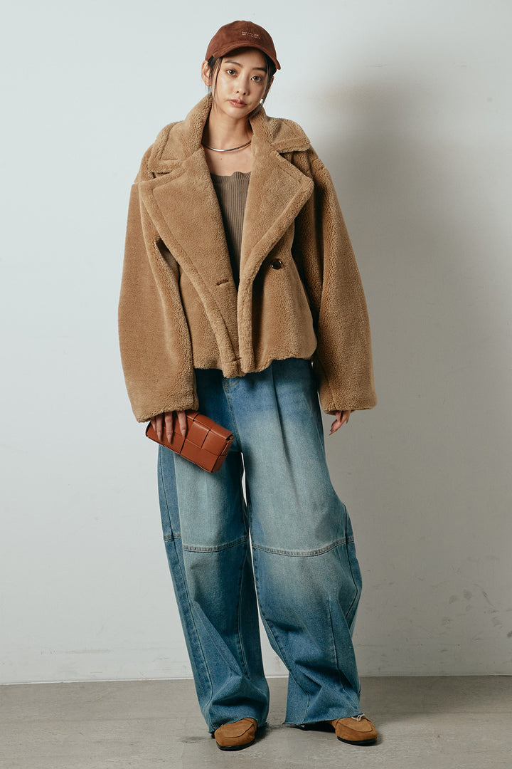 【2月中旬発送】
[SET]テディボアショートジャケット+加工デニムタックコクーンワイドパンツ(2set)