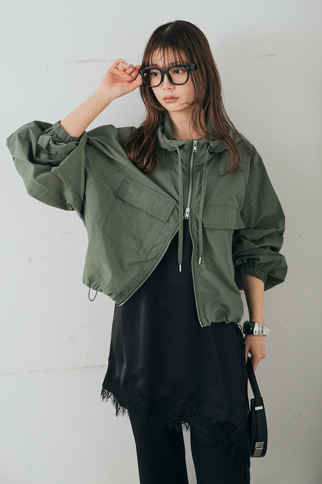 [SET]ナイロンボリュームWジップパーカーブルゾン+細編みベルト付きパンツ(2set)