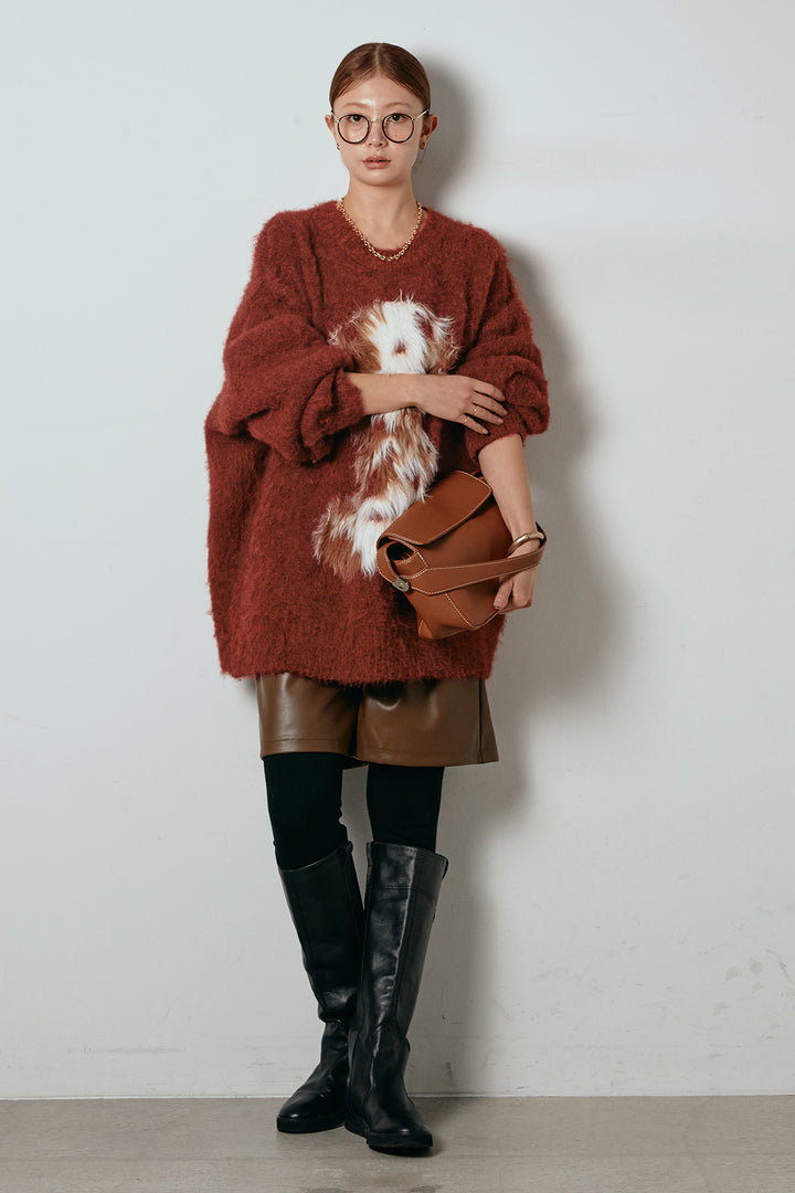 [SET]シャギーニュアンスアニマルニット+ストレッチエコレザーバミューダパンツ(2set)