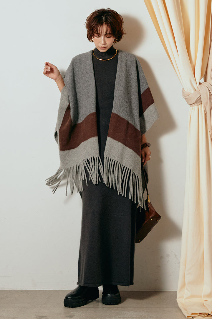 [SET]裾フリンジ柄ポンチョアウター+ノースリーブニットロングワンピース(2set)