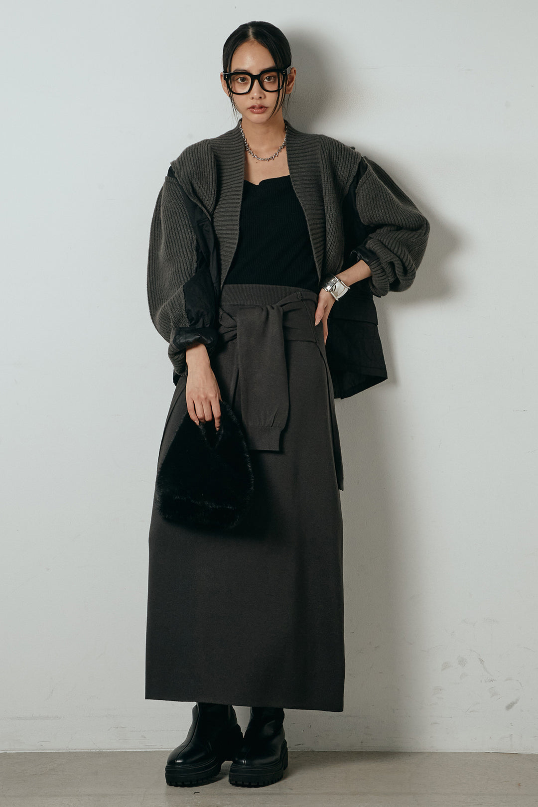 [SET]キルティング切り替えニットカーディガン+ウエストラップ巻きニットスカート(2set)