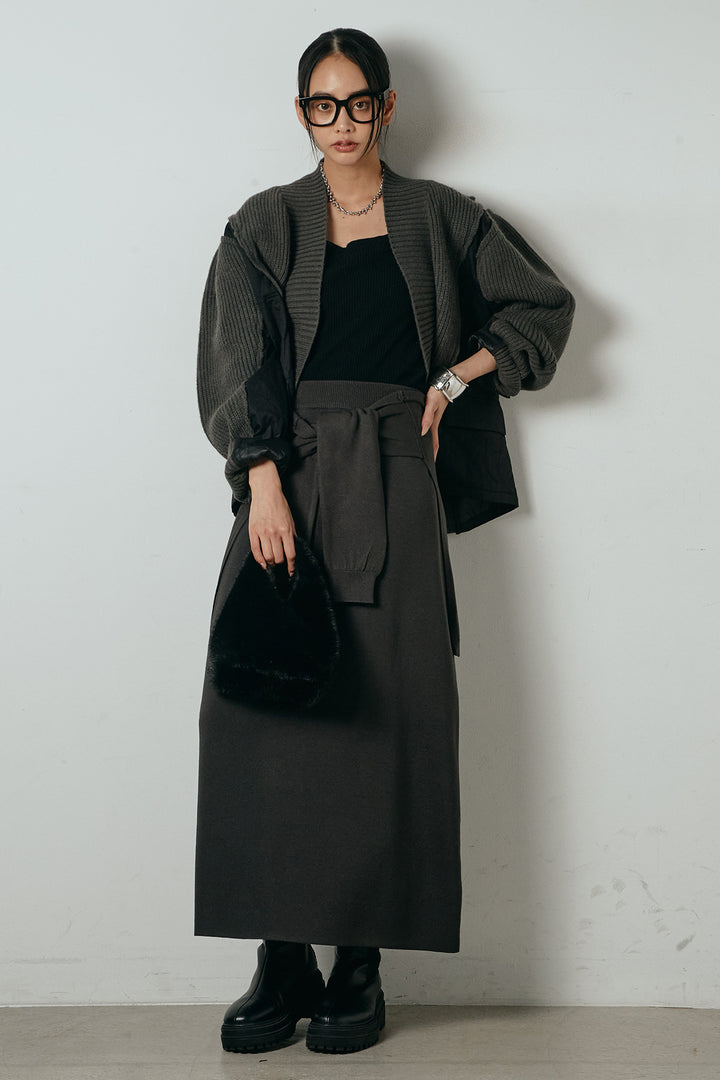 [SET]キルティング切り替えニットカーディガン+ウエストラップ巻きニットスカート(2set)