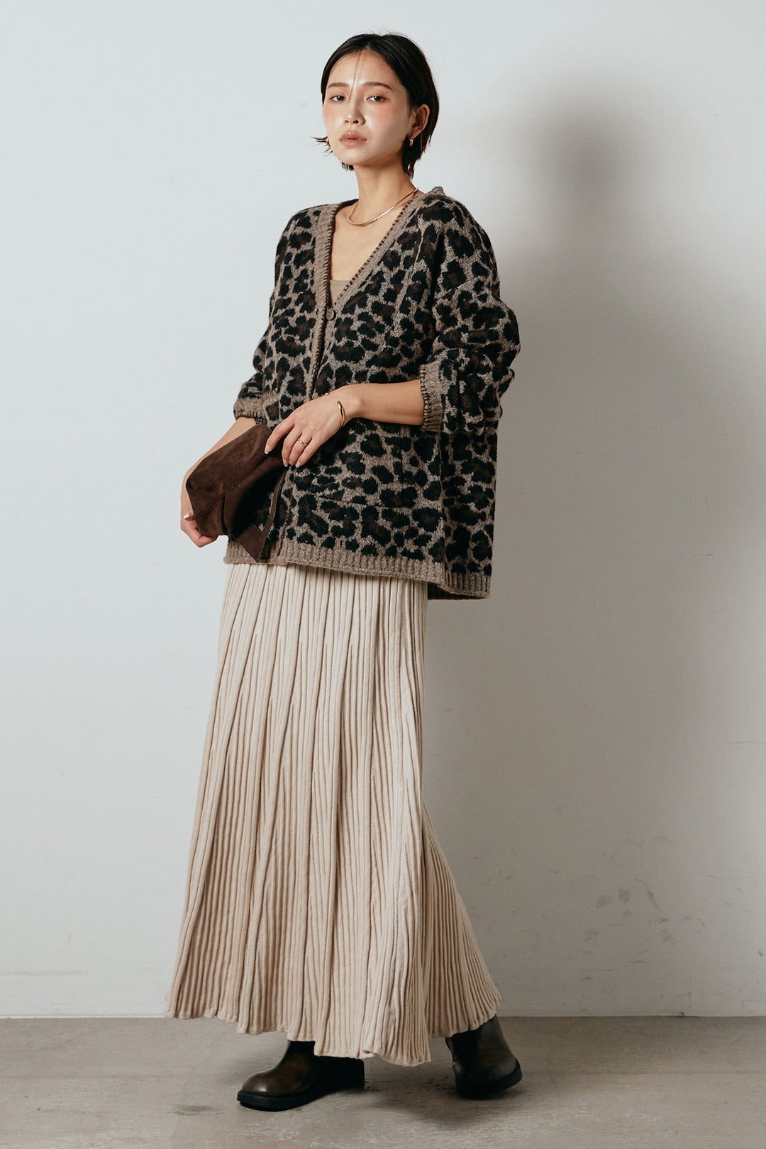 [SET]ステッチデザインレオパードニットカーディガン+リブニットフレアスカート(2set)
