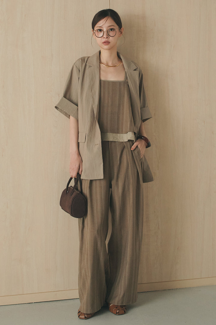 [SET]リネンライクテーラードハーフスリーブジャケット+リネンストライプタックワイドパンツ+リネンストライプレイヤードキャミ(3set)