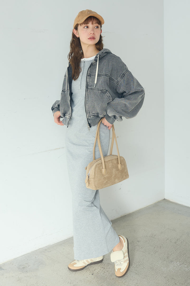 [SET]デニムダブルジップパーカーブルゾン+レイヤード見えヘンリーネックロングワンピース(2set)