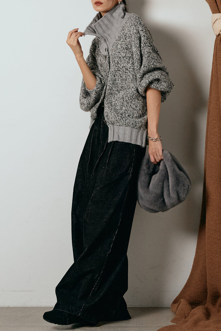[SET]ハイネックミックスニットカーディガン+フロントタック入りコーデュロイパンツ(2set)