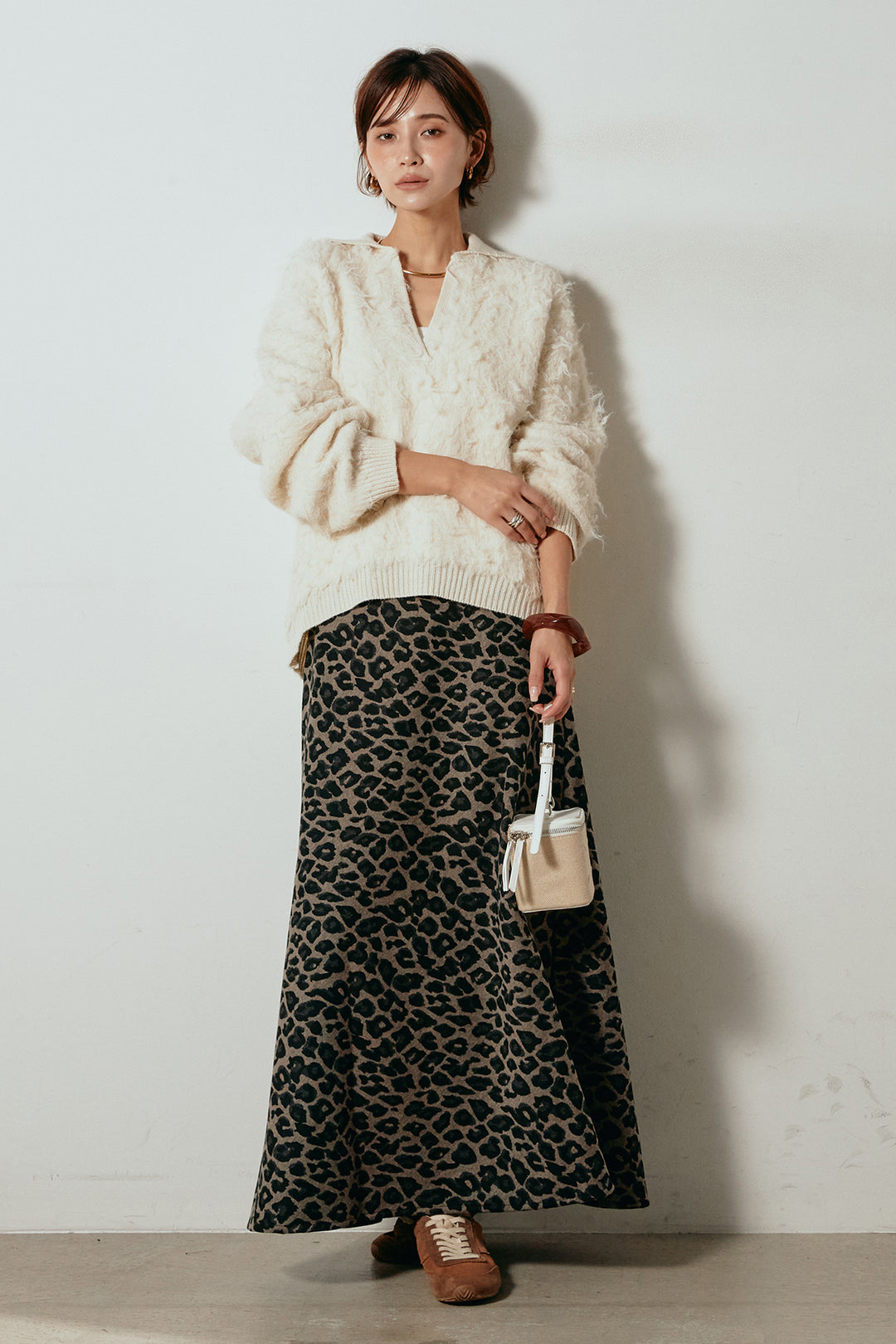 [SET]襟付きシャギーニットポロトップス+レオパードロングスカート(2set)