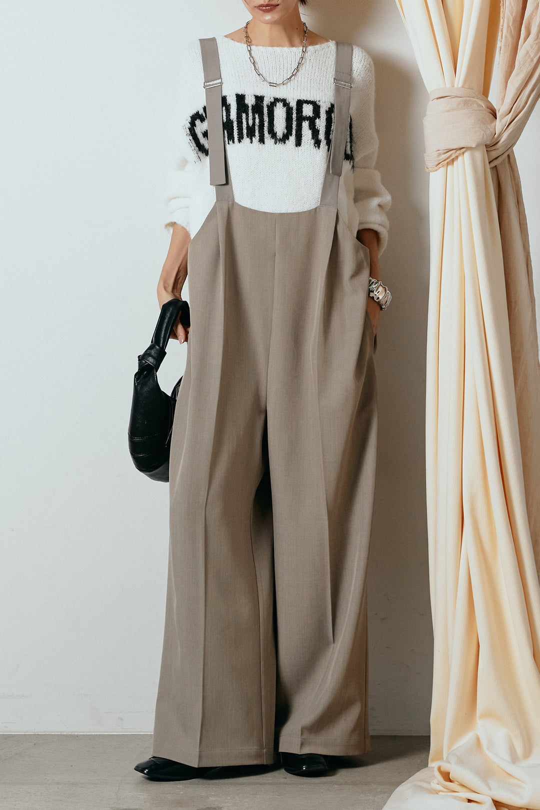 [SET]フロントロゴデザインニットトップス+ワイドツイルサロペット(2set)