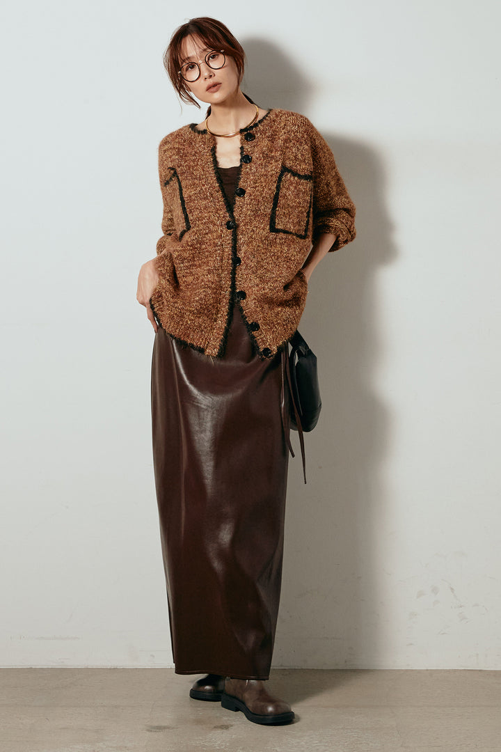 [SET]ミックスニットポケットカーディガン+紐付きフェイクレザーワイドスカート(2set)
