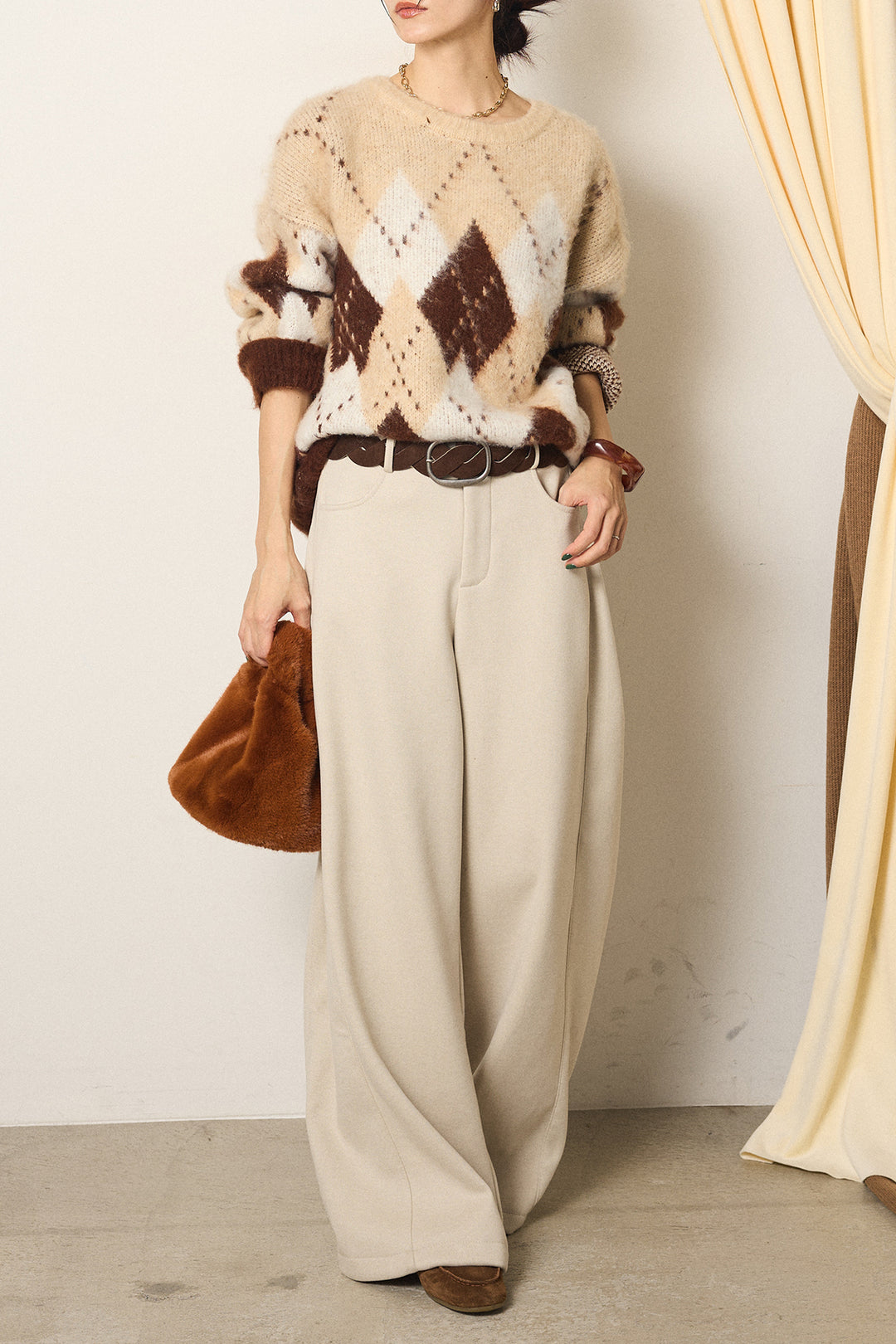 [SET]配色アーガイル柄ニットトップス+編みベルト付きワイドパンツ(2set)