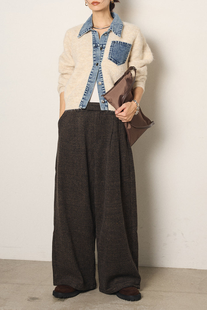 [SET]襟付きデニム切替ニットカーディガン+起毛タック入りツイードワイドパンツ(2set)