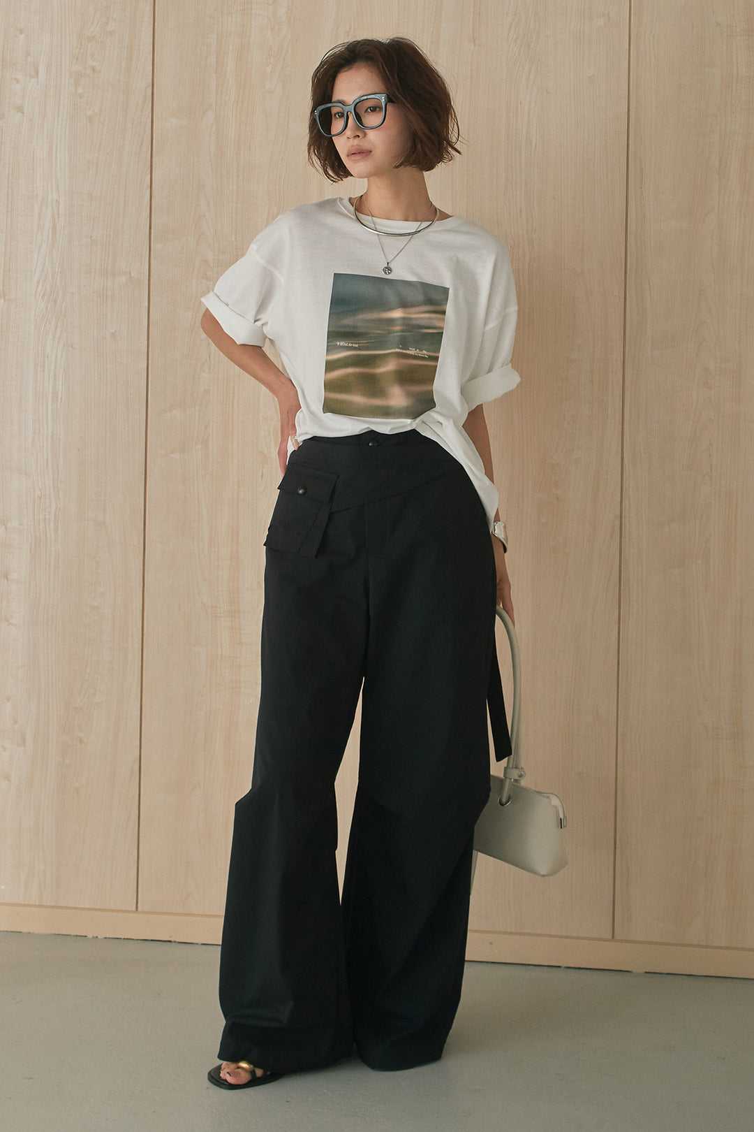 [SET]MarbleプリントTシャツ+ポケットベルト付きニーサイドタックパンツ(2set)