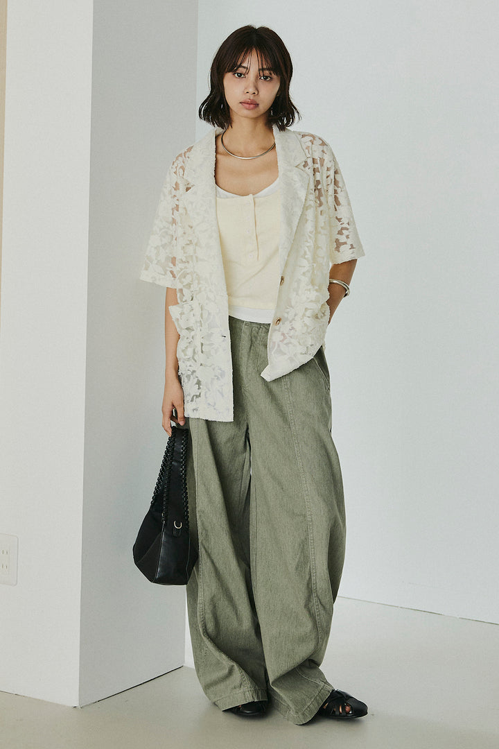 [SET]シアージャガードハーフスリーブテーラードジャケット+サイドベルトカーブワイドパンツ+配色ヘンリーネックタンクトップ(3set)