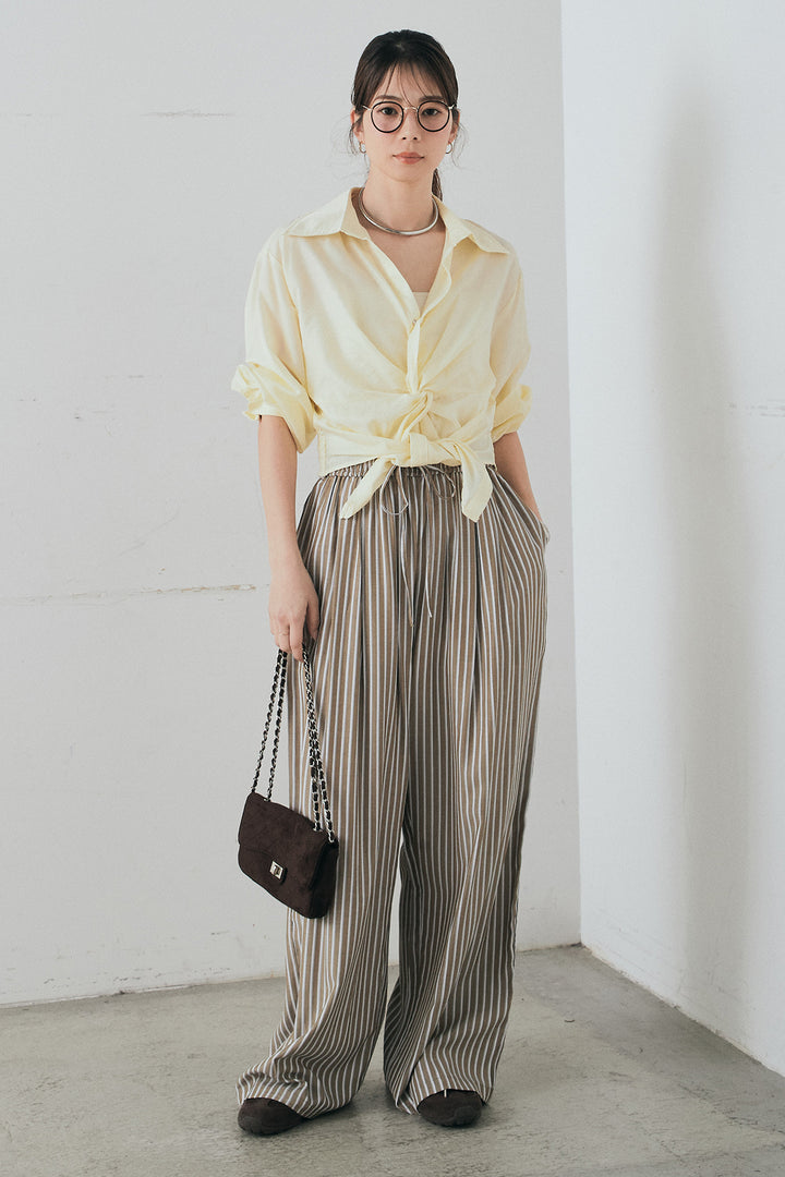 [SET]裾巻きツイストデザインシャツ+レーヨンストライプイージーワイドパンツ(2set)