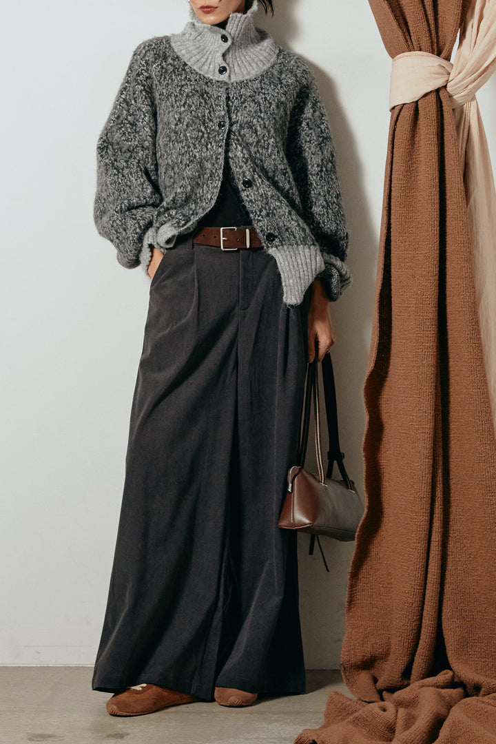 [SET]ハイネックミックスニットトップス+太ベルト付きコーデュロイタックパンツ(2set)