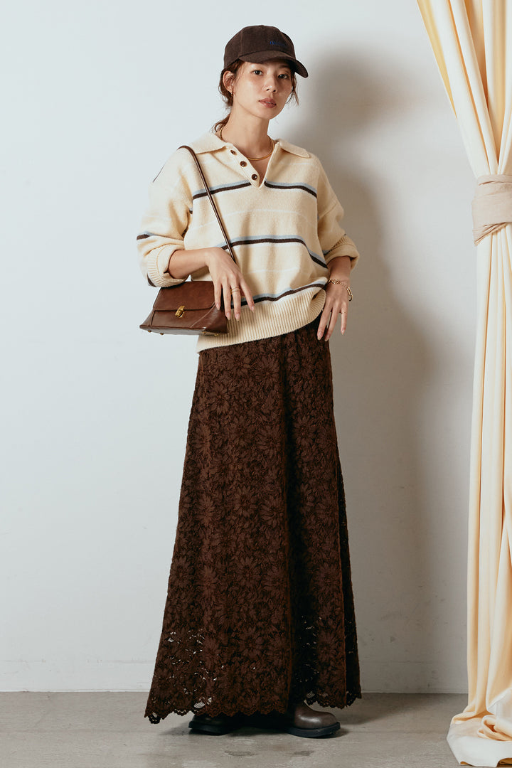 [SET]襟付きマルチボーダーニットポロトップス+花柄刺繍ベロアフレアスカート(2set)