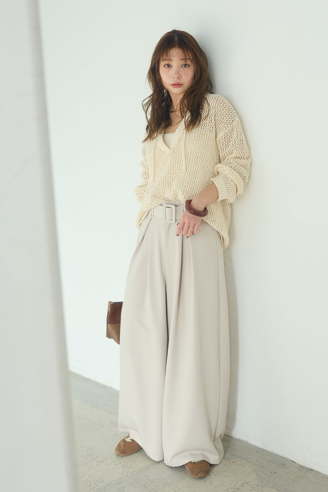 【即納】ミックスメッシュキーネックプルオーバー