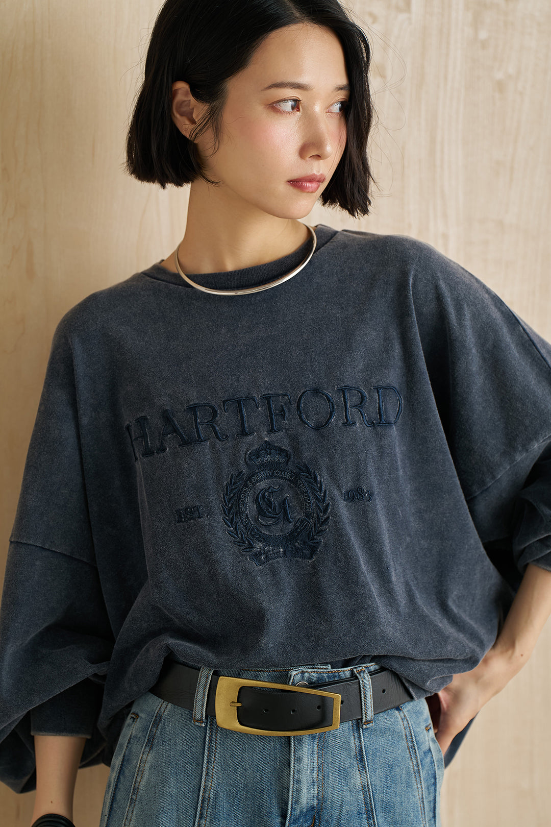 [SET]袖ボリュームHARTFORD刺繍Tシャツ+切替デニムロングスカート(2set)