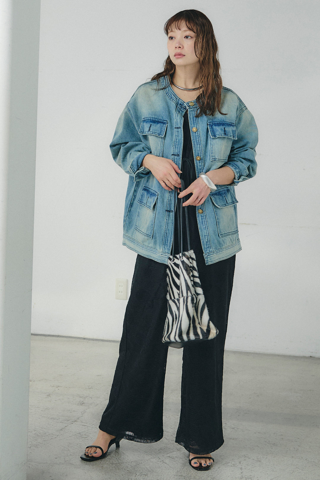 [SET]ノーカラーデニムポケットジャケット+レースサロペット(2set)