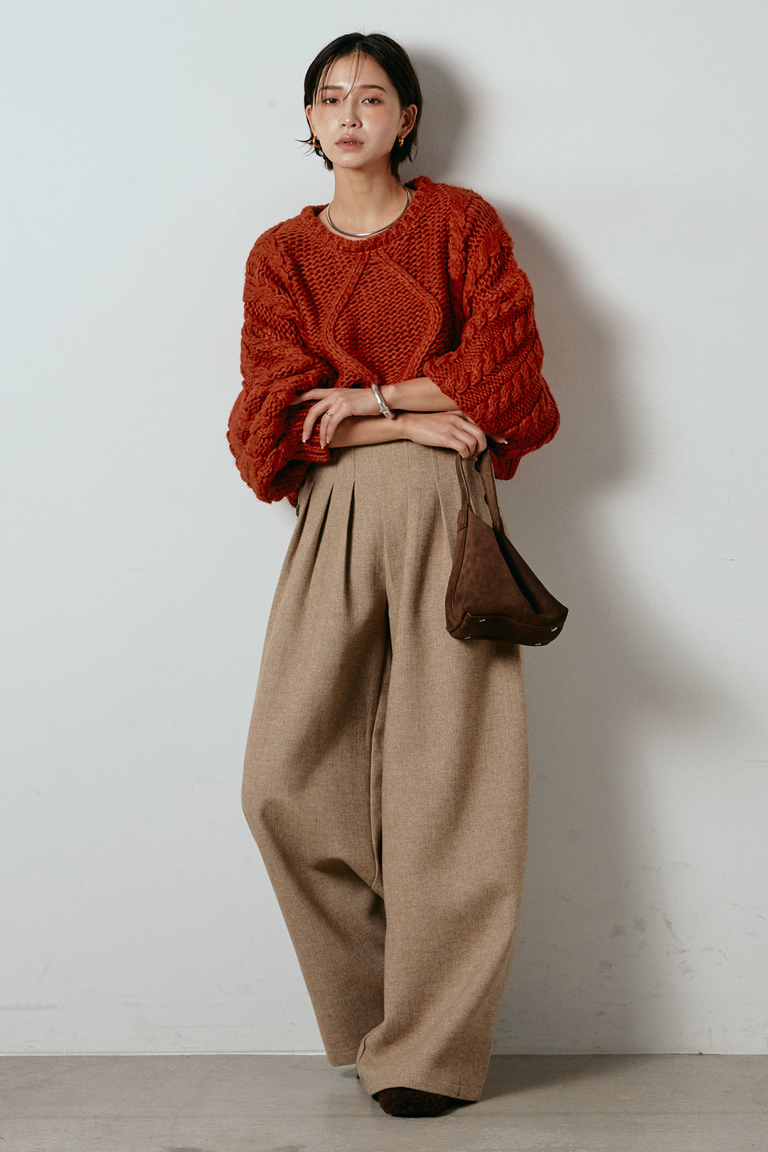 [SET]ロービングケーブルショート丈プルオーバー+サイドボタンツイードタックパンツ(2set)