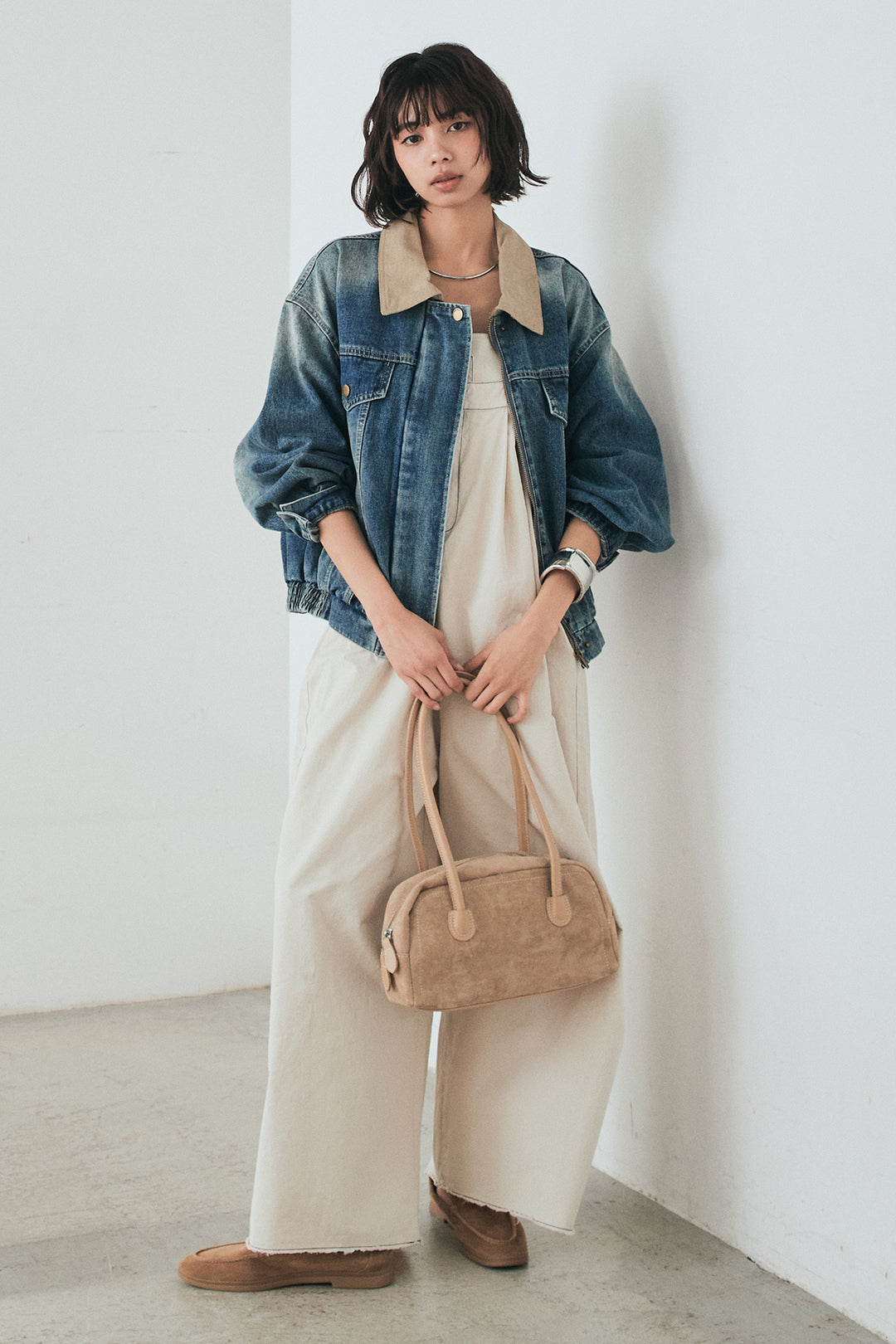 [SET]襟切り替えジップデニムジャケット+綿ツイルアシメサロペット(2set)