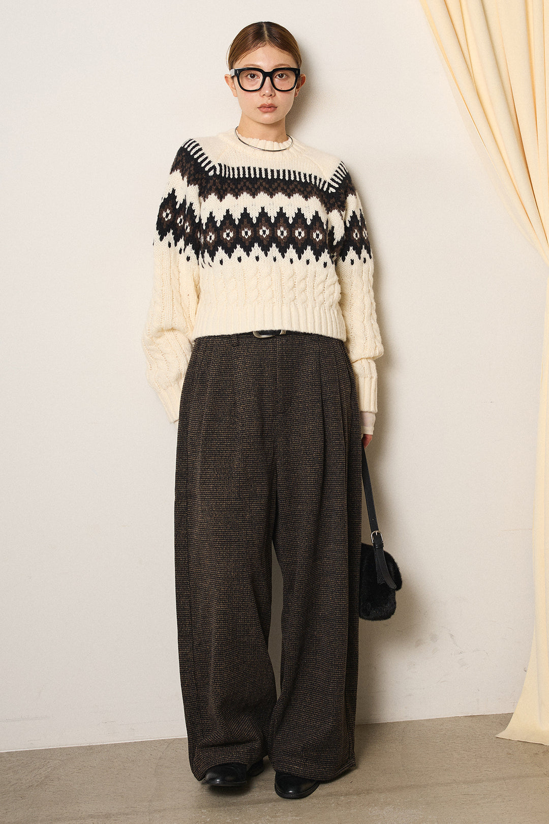[SET]2WAY求心柄ジャガードショートカーディガン+起毛タック入りツイードワイドパンツ+2WAY袖コード刺繍クルーネックプルオーバー(3set)