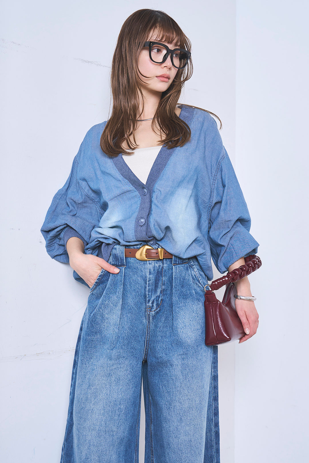 [SET]シアーデニムカーディガン+ベルトループワイドタックデニムパンツ(2set)