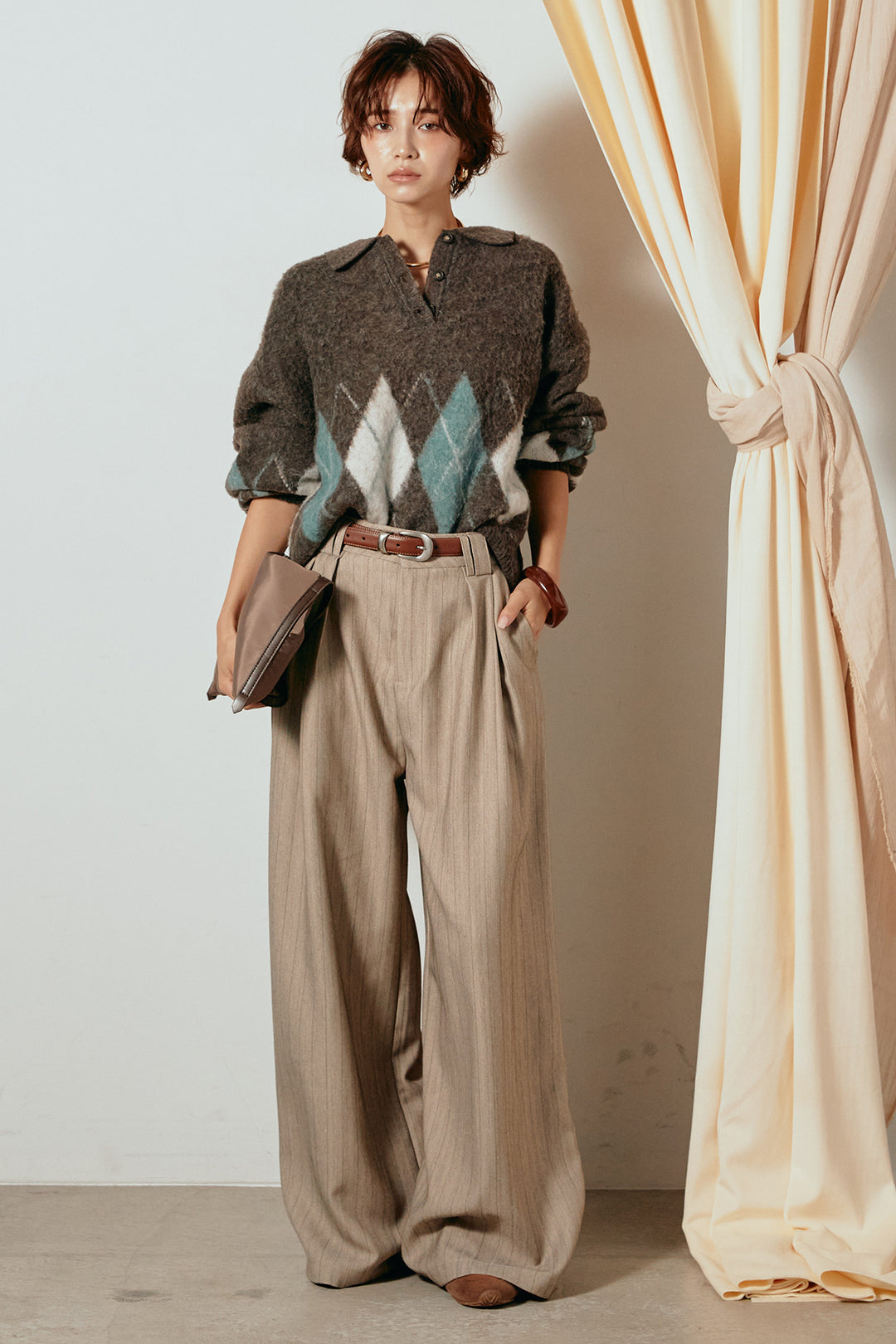 [SET]アーガイル柄ポロニットトップス+ストライプヘリンボーンパンツ(2set)