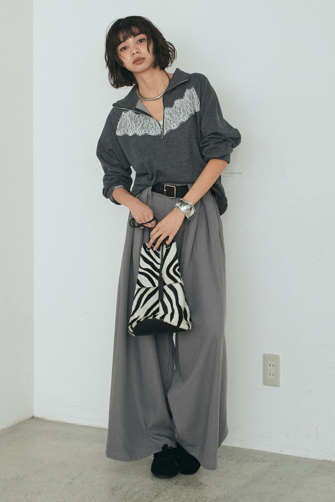 [SET]リバーレースハーフジップ裏毛スウェット+ベルト付きタックデザインハイウエストロングパンツ(2set)