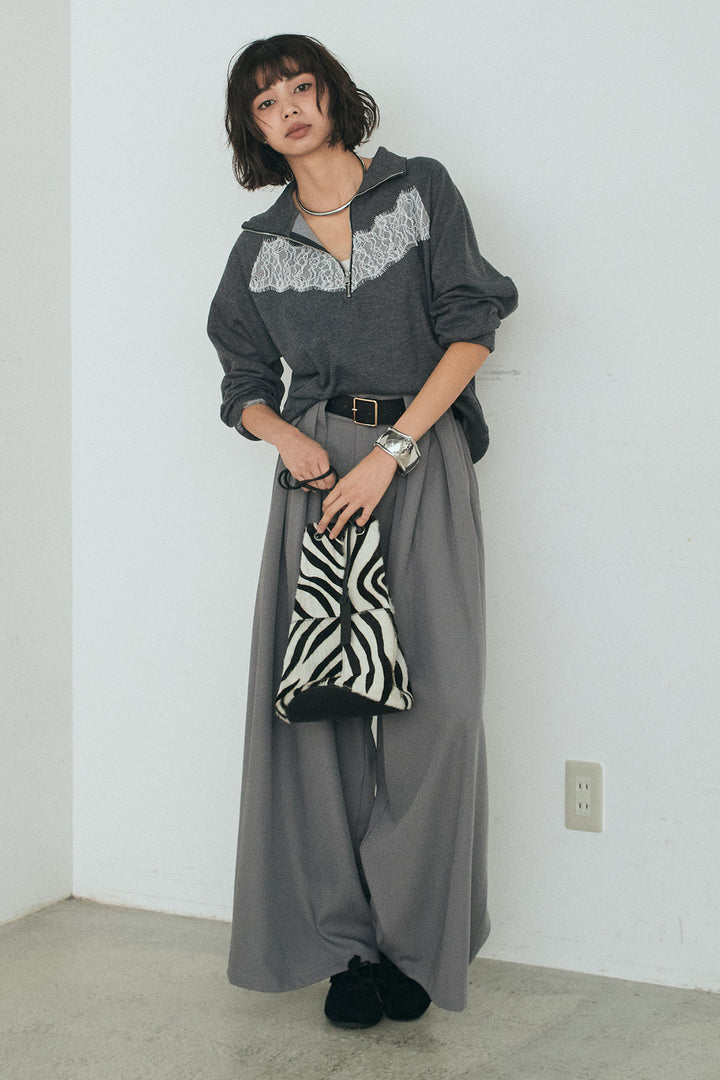 [SET]リバーレースハーフジップ裏毛スウェット+ベルト付きタックデザインハイウエストロングパンツ(2set)