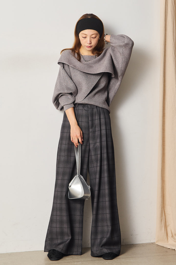 [SET]タンク付きクロスデザインニットプルオーバー+タック入りタータンチェックワイドパンツ(2set)