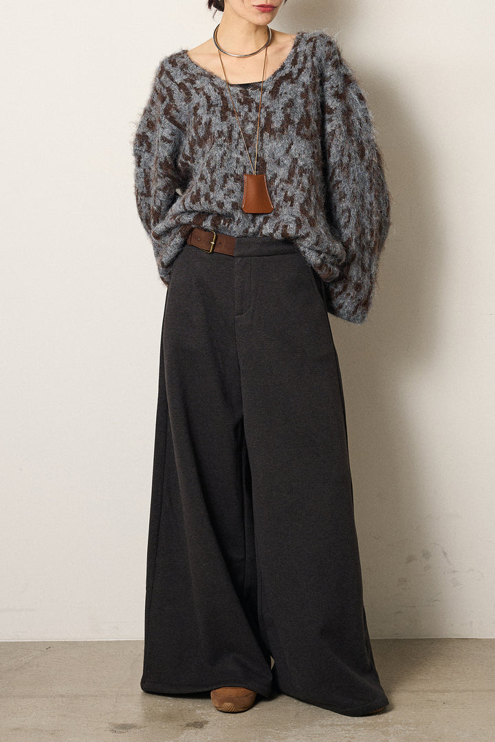 [SET]フラッフィーレオパードシャギーニット+サイドベルトパンツ(2set)