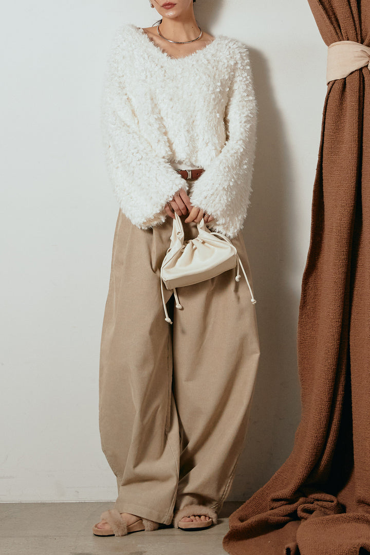 [SET]深Vネックチョウチョヤーンニットトップス+フロントタック入りコーデュロイパンツ(2set)