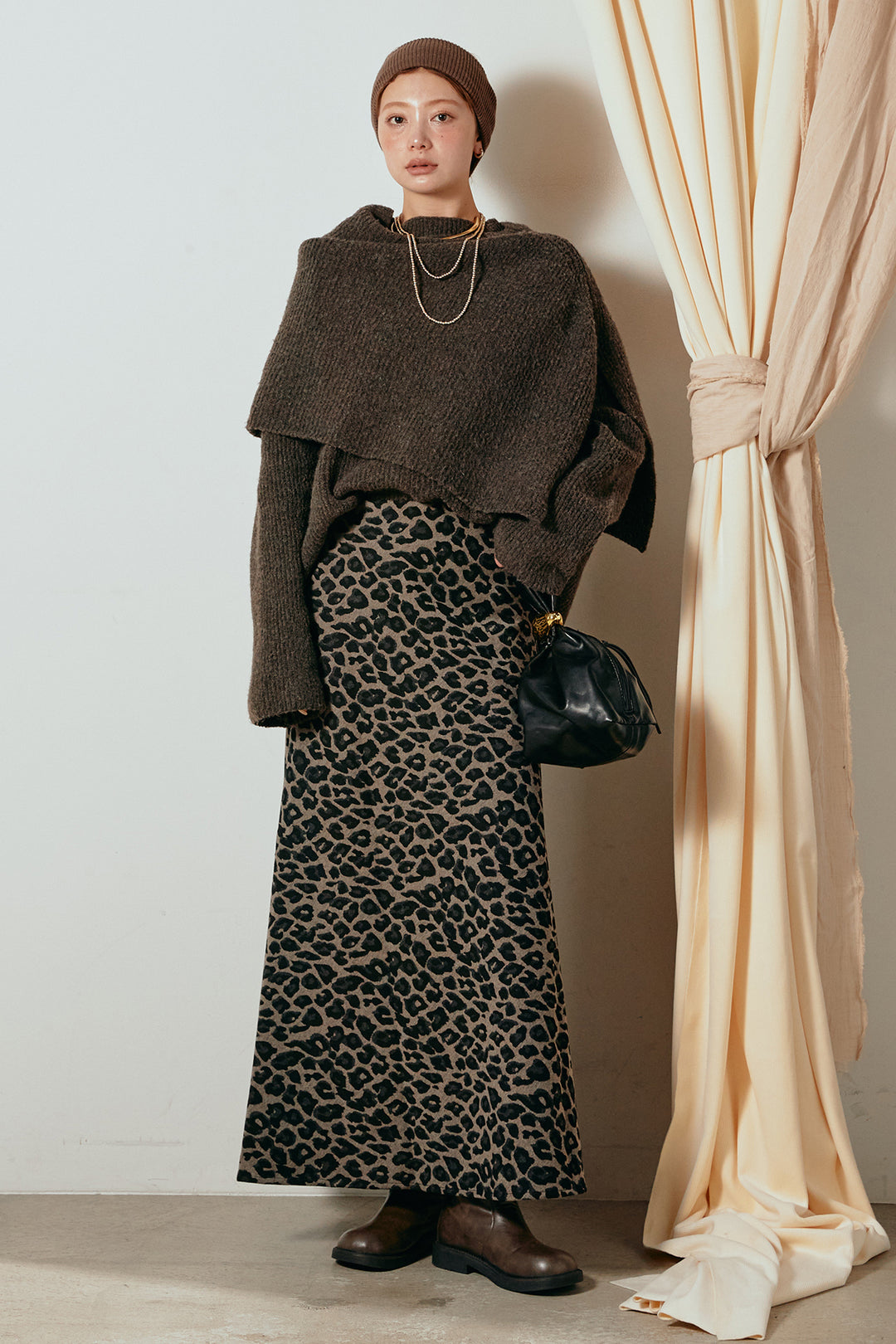 [SET]ケープデザインリブニットトップス+レオパードロングスカート(2set)